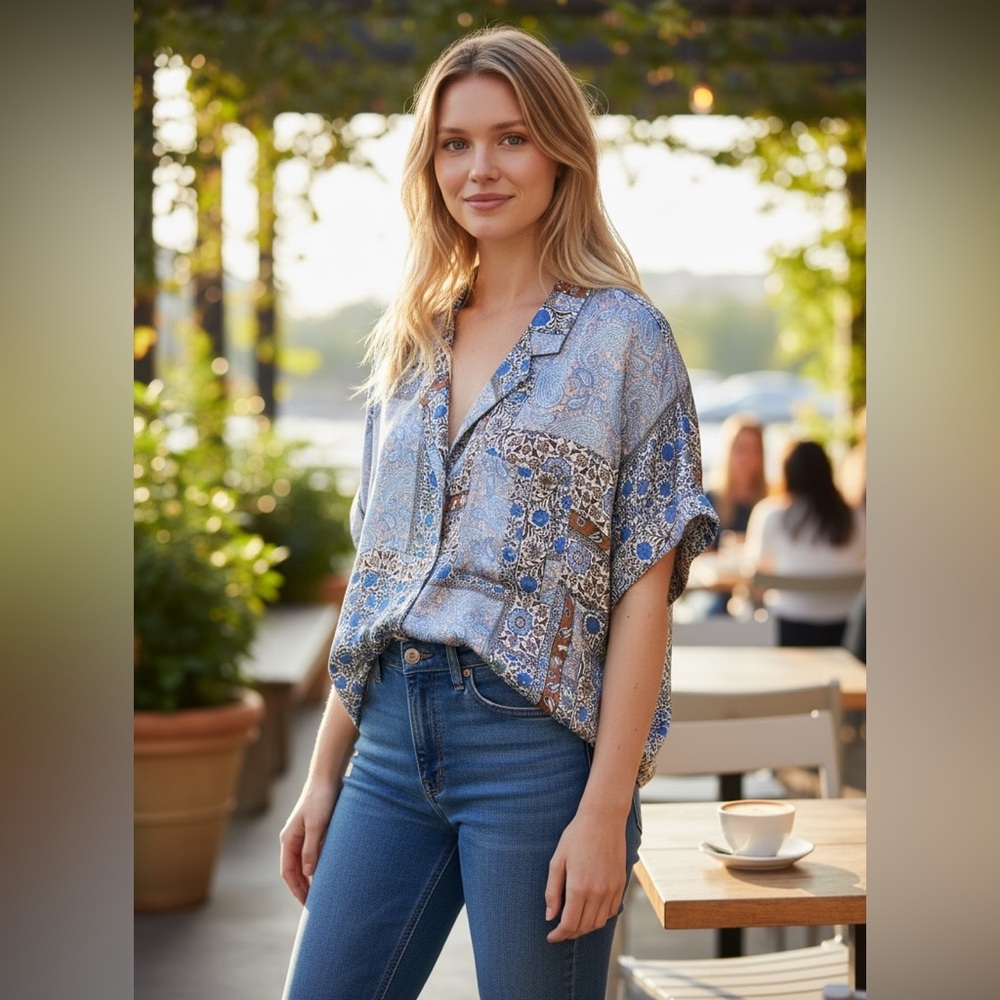 Blue Paisley Short-Sleeve Button Shirt - Women